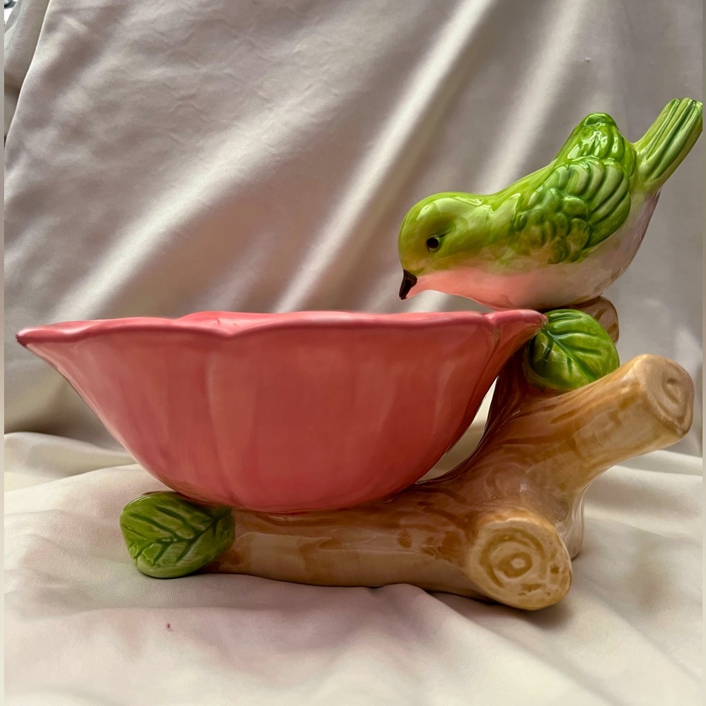 New pink and green bird at the edge of bird bath.